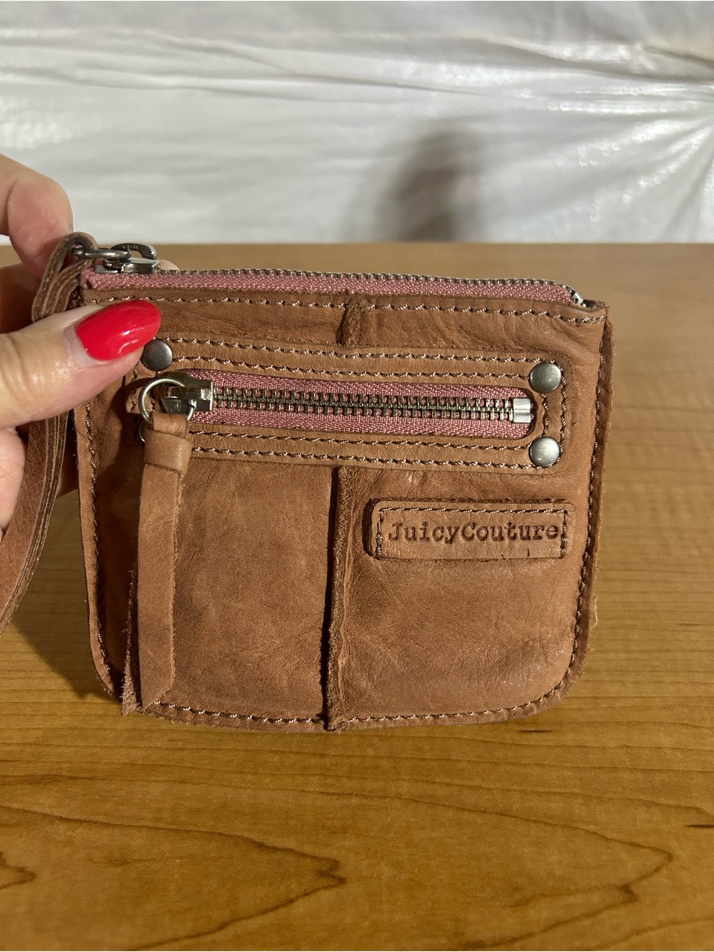 Juicy Couture Brown Leather Wristlet with Pink Zipper Detail